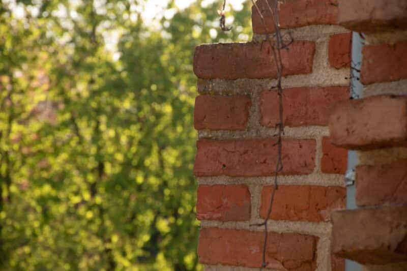 closeup of a cracked chimney with green trees behind it