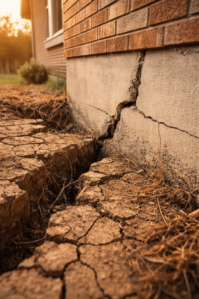Image of a crack in a home's foundation due to dry soil and drought.