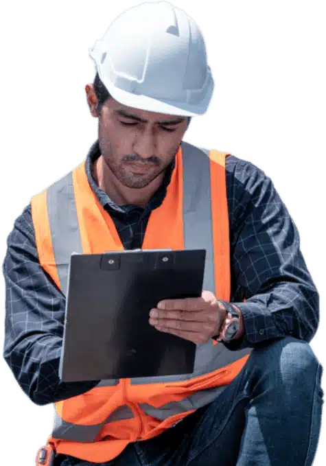 A man in a hard hat and safety vest looking at a clipboard