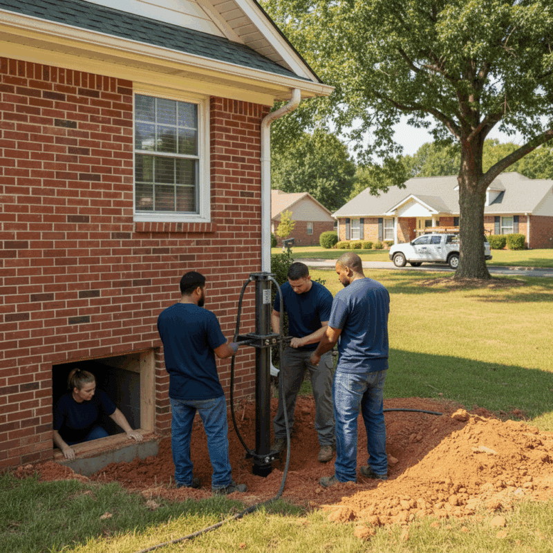 Foundation repair crew installing steel pier beside brick home.