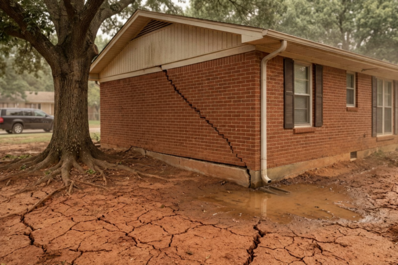 Southern home with a large foundational crack and dry soil